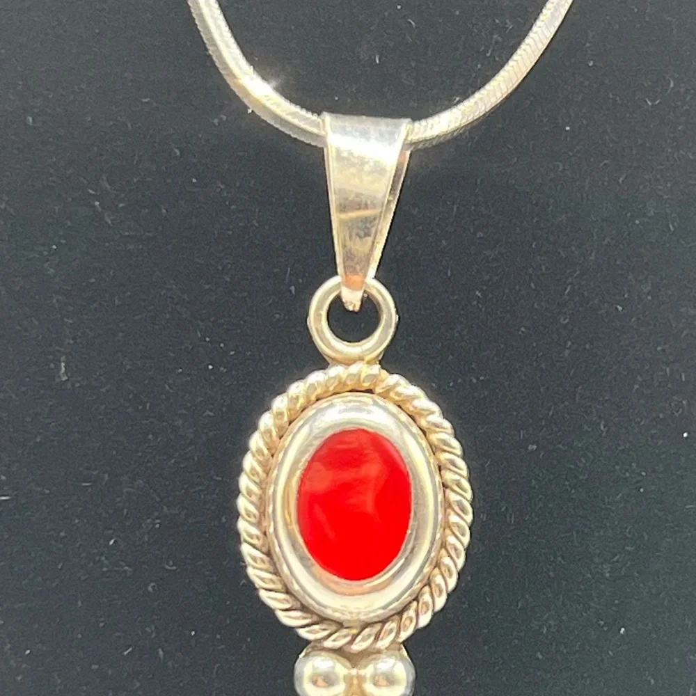 Vintage Mexico 925 Red Coral pendant, earrings and 925 Sterling 18” necklace.